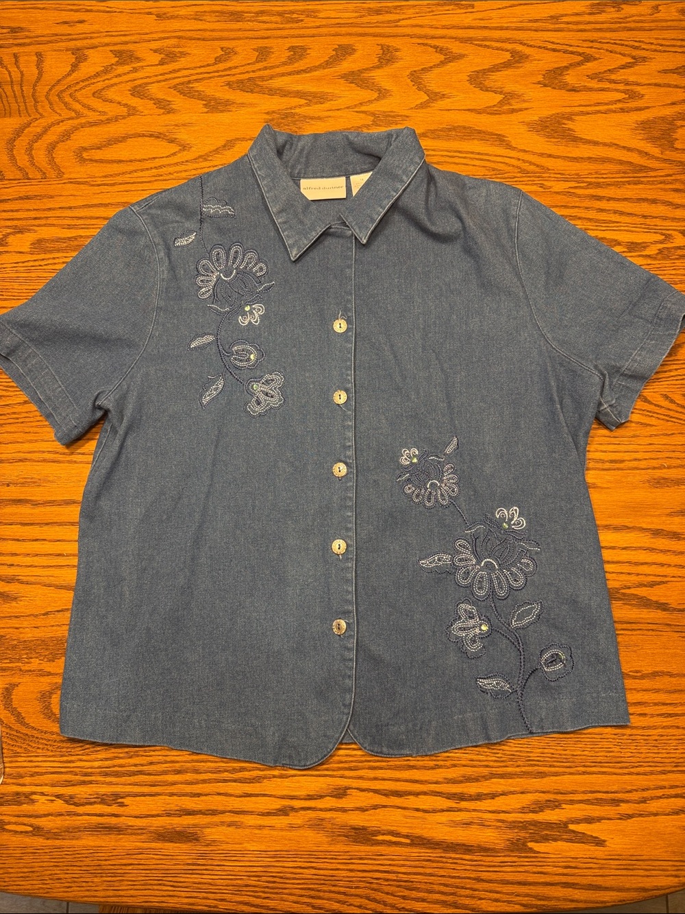 Alfred Dunner Denim Blue Short-Sleeve Button-Down Shirt with Floral Embroidery